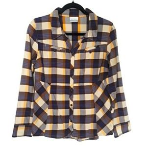 COLUMBIA Women's Yellow & Blue Plaid Print Button Up Small Top